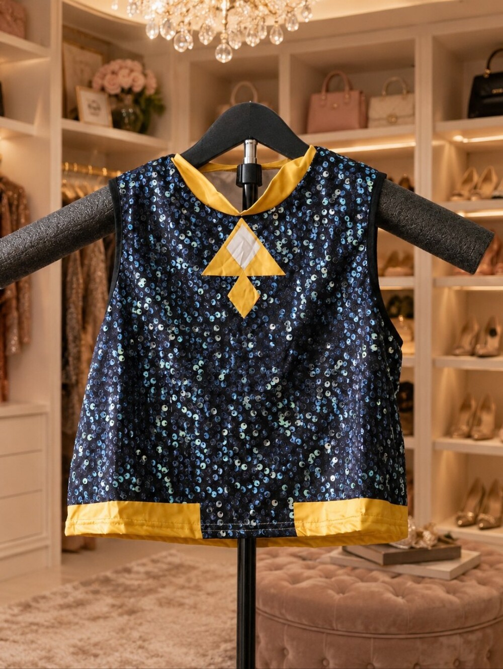 Girls Navy Sequin Vest with Yellow Trim